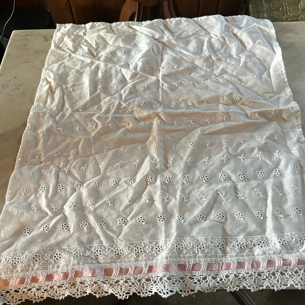 Vintage eyelet, lace and pink ribbon fingertip towel, cottage chic, valentine